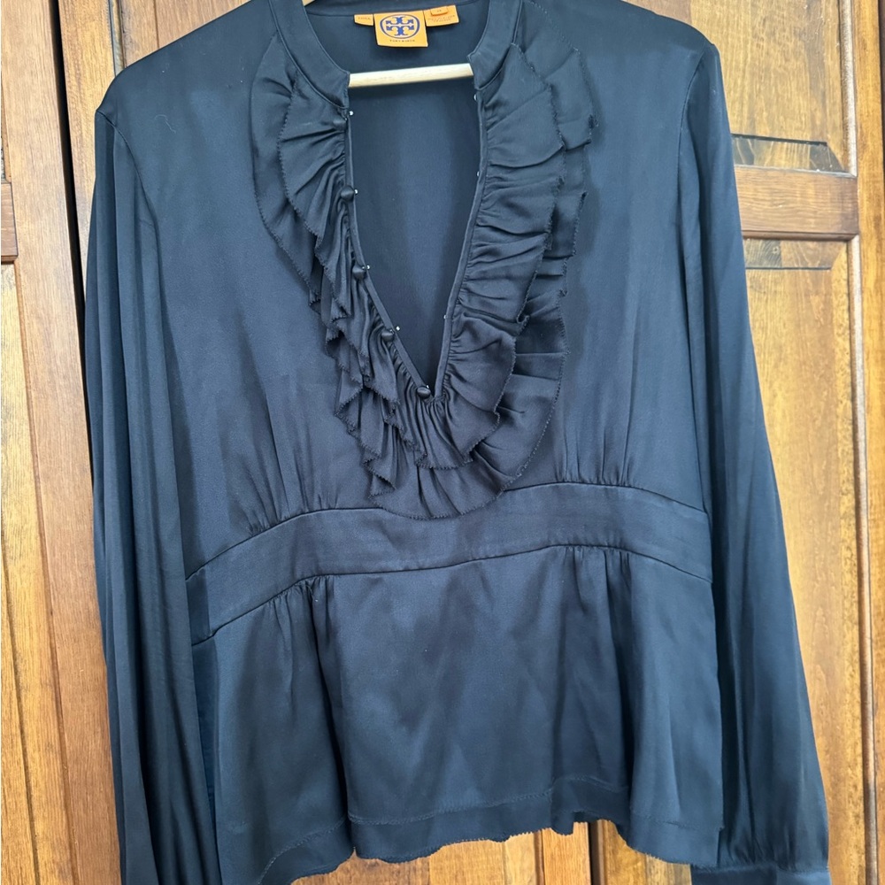 Tory Burch Blue Ruffled Peplum Silk Blouse with Mandarin Collar - Size 14